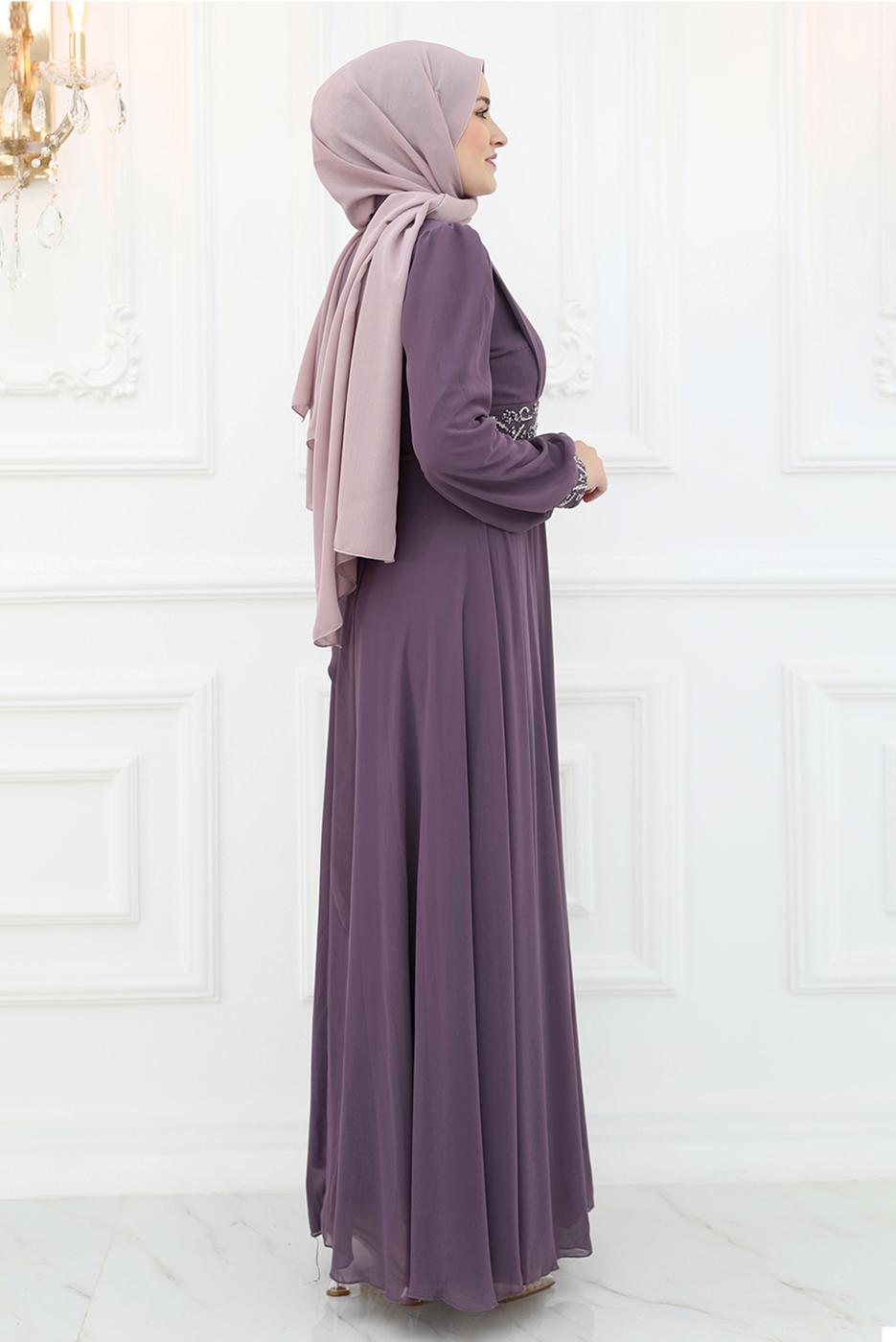 Tesettür giyim MOR TAŞ İŞLEMELİ ABİYE ELBİSE T 2653