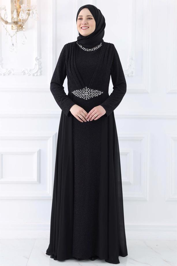Vêtements hijab NOIR ROBE DE SOIRÉE AVEC GEMME T 2753 - TRENDTESETTÜR