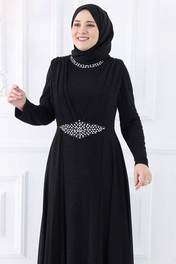 Vêtements hijab NOIR ROBE DE SOIRÉE AVEC GEMME T 2753 - TRENDTESETTÜR