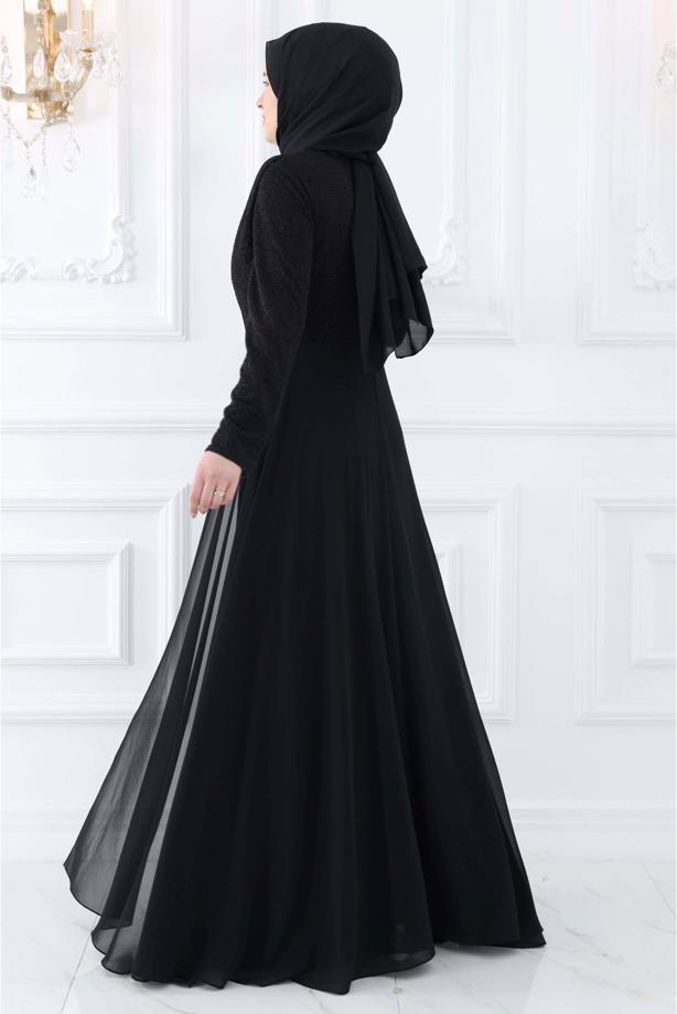 Vêtements hijab NOIR ROBE DE SOIRÉE AVEC GEMME T 2753 - TRENDTESETTÜR