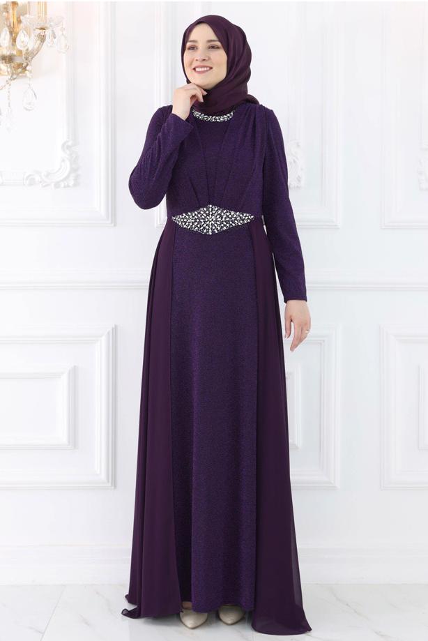 Vêtements hijab POURPRE ROBE DE SOIRÉE AVEC GEMME T 2753 - TRENDTESETTÜR