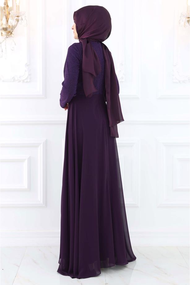 Vêtements hijab POURPRE ROBE DE SOIRÉE AVEC GEMME T 2753 - TRENDTESETTÜR