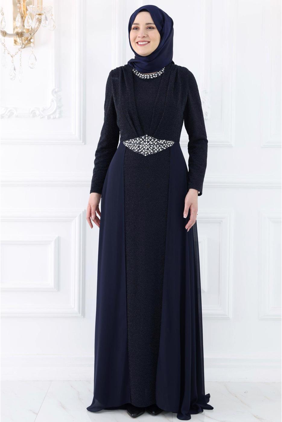 Hijab clothing NAVY BLUE EVENING DRESS WITH GEM T 2753