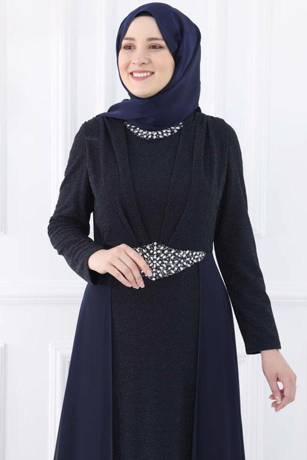 Vêtements hijab BLEU MARINE ROBE DE SOIRÉE AVEC GEMME T 2753 - TRENDTESETTÜR