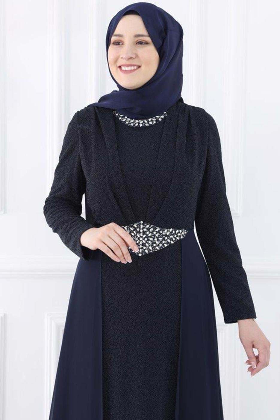 Hijab clothing NAVY BLUE EVENING DRESS WITH GEM T 2753