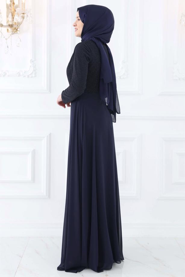 Vêtements hijab BLEU MARINE ROBE DE SOIRÉE AVEC GEMME T 2753 - TRENDTESETTÜR
