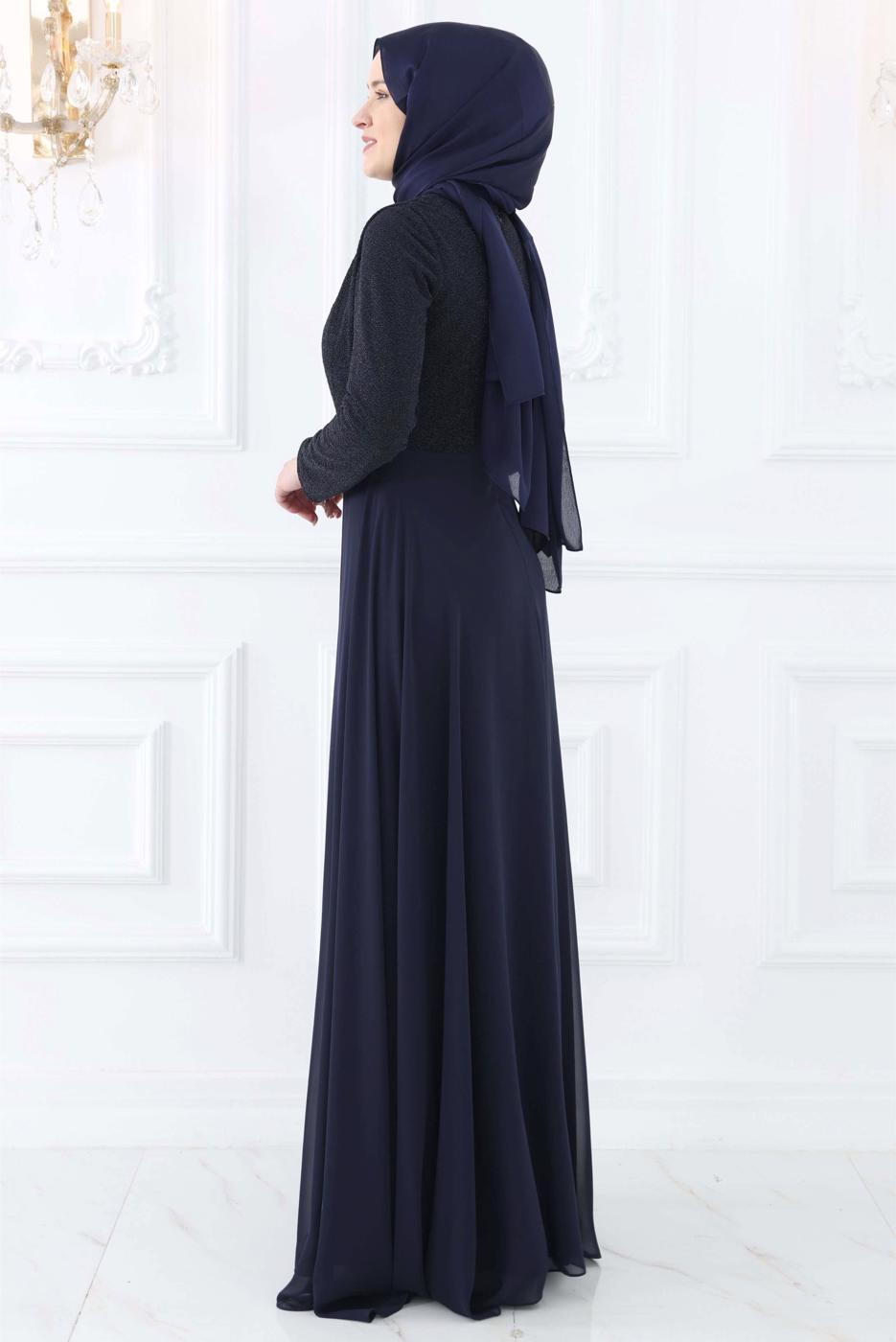 Hijab clothing NAVY BLUE EVENING DRESS WITH GEM T 2753