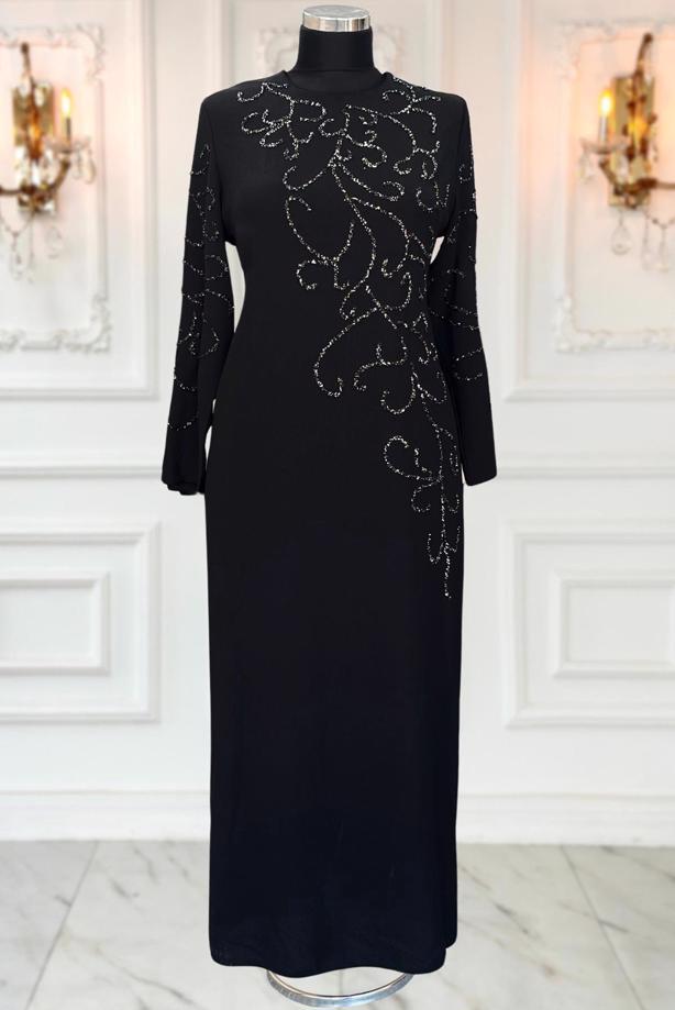 Tesettür giyim SİYAH TAŞLI BÜYÜK BEDEN ABİYE ELBİSE T 3231 - TRENDTESETTÜR