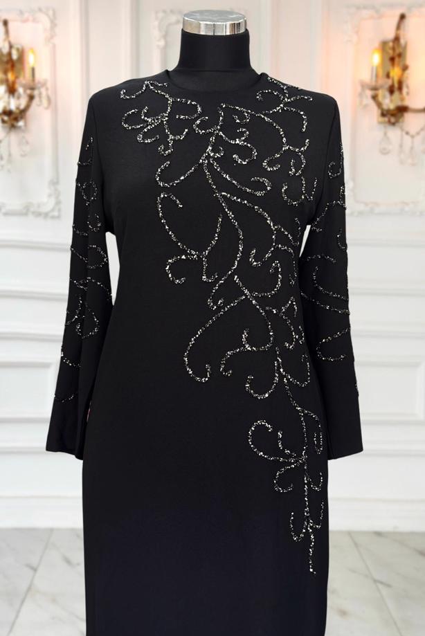 Tesettür giyim SİYAH TAŞLI BÜYÜK BEDEN ABİYE ELBİSE T 3231 - TRENDTESETTÜR