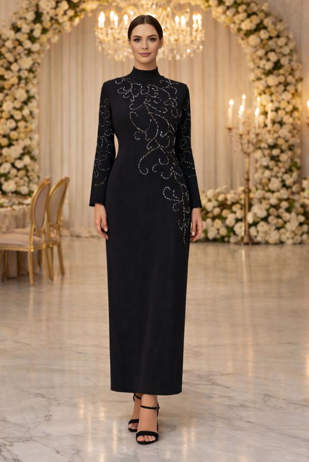 Tesettür giyim SİYAH TAŞLI BÜYÜK BEDEN ABİYE ELBİSE T 3231 - TRENDTESETTÜR