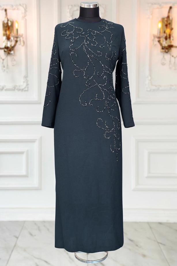 Tesettür giyim GRİ TAŞLI BÜYÜK BEDEN ABİYE ELBİSE T 3231 - TRENDTESETTÜR