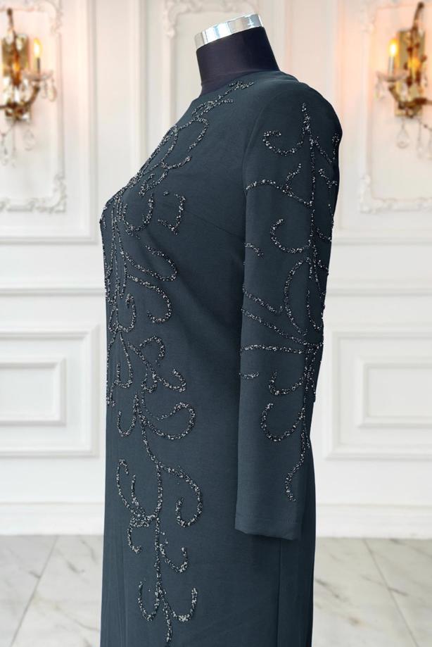 Tesettür giyim GRİ TAŞLI BÜYÜK BEDEN ABİYE ELBİSE T 3231 - TRENDTESETTÜR