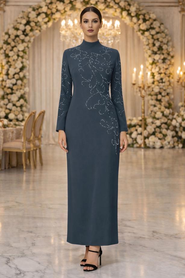 Tesettür giyim GRİ TAŞLI BÜYÜK BEDEN ABİYE ELBİSE T 3231 - TRENDTESETTÜR