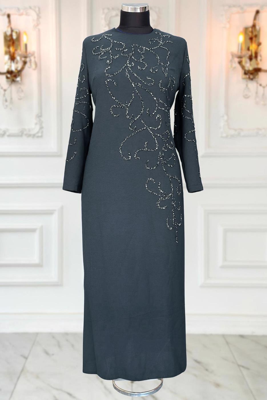 Tesettür giyim GRİ TAŞLI BÜYÜK BEDEN ABİYE ELBİSE T 3231