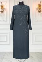 Tesettür giyim GRİ TAŞLI BÜYÜK BEDEN ABİYE ELBİSE T 3231