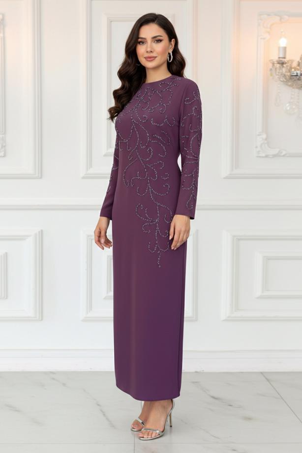 Tesettür giyim MOR TAŞLI BÜYÜK BEDEN ABİYE ELBİSE T 3231 - TRENDTESETTÜR