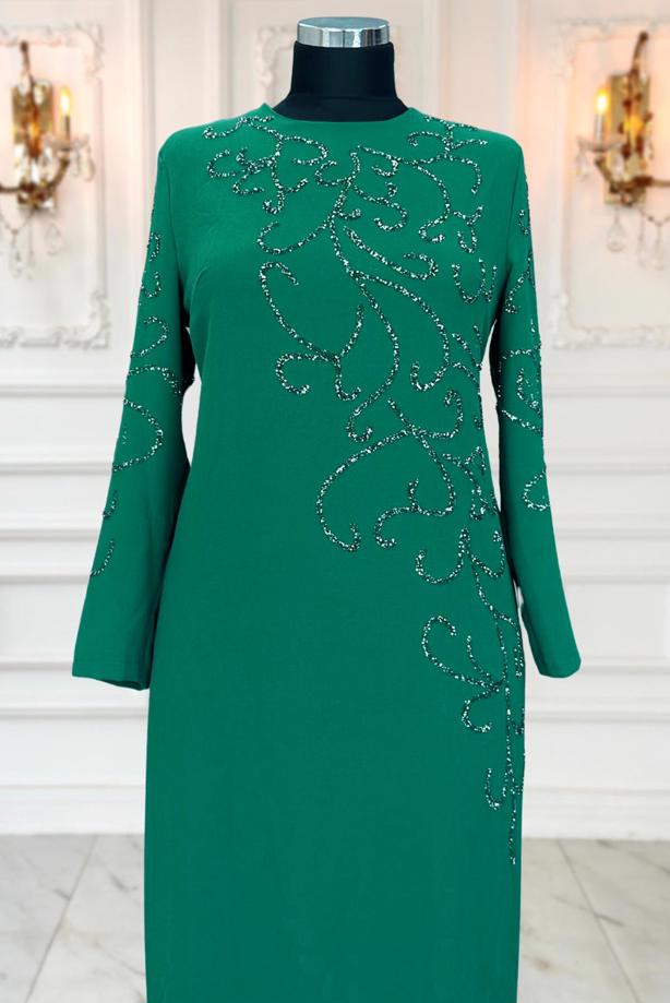 Tesettür giyim YEŞİL TAŞLI BÜYÜK BEDEN ABİYE ELBİSE T 3231 - TRENDTESETTÜR