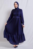 Tesettür giyim LACİVERT KEMERLİ PİLİSELİ ABİYE ELBİSE T 3534