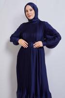 Tesettür giyim LACİVERT KEMERLİ PİLİSELİ ABİYE ELBİSE T 3534