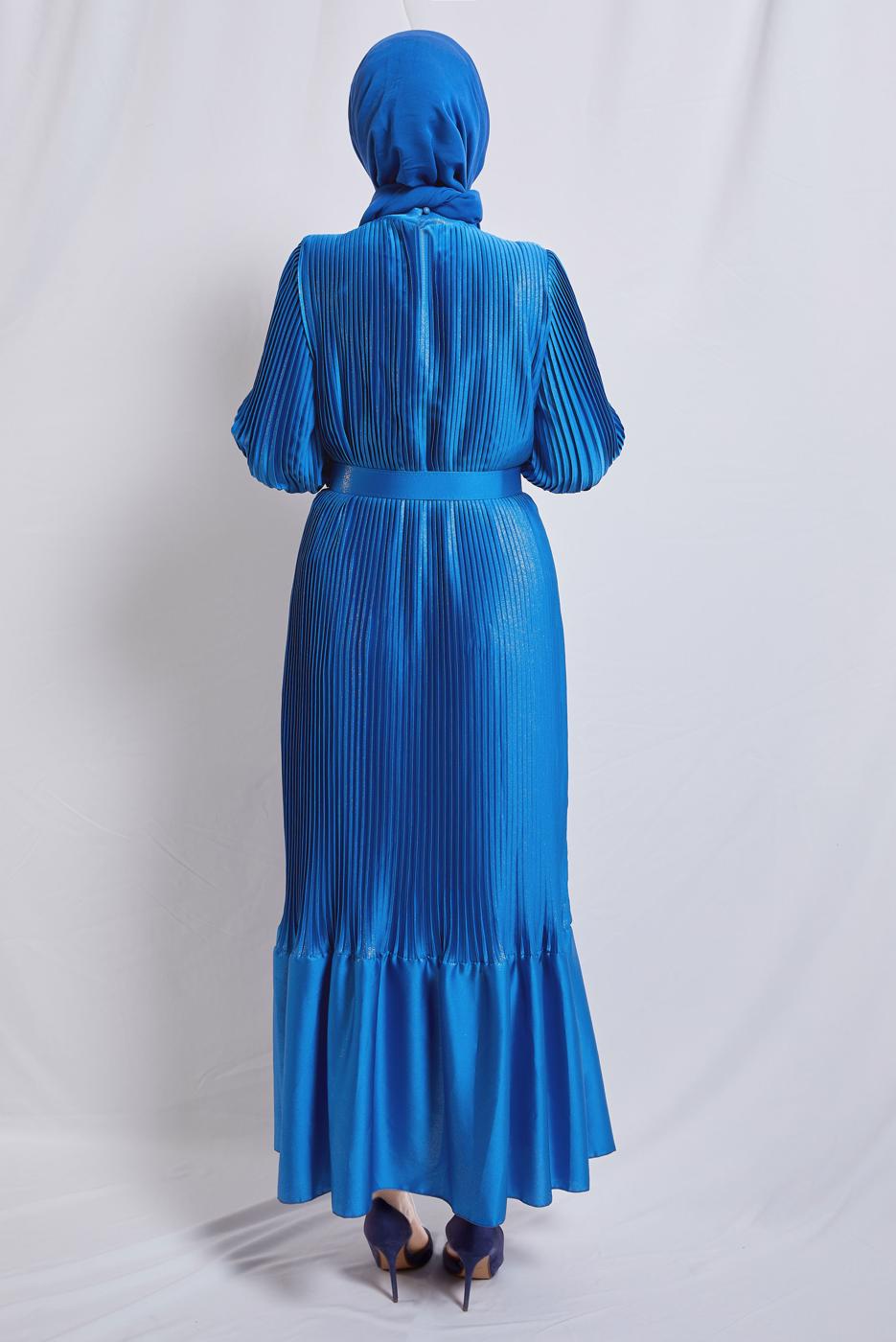 Tesettür giyim LACİVERT KEMERLİ PİLİSELİ ABİYE ELBİSE T 3534