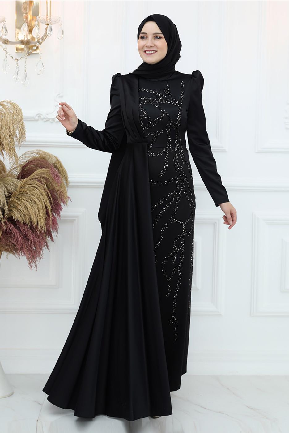 Tesettür giyim SİYAH İŞLEME DETAYLI ABİYE ELBİSE T 3653