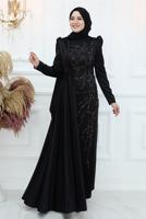 Tesettür giyim SİYAH İŞLEME DETAYLI ABİYE ELBİSE T 3653