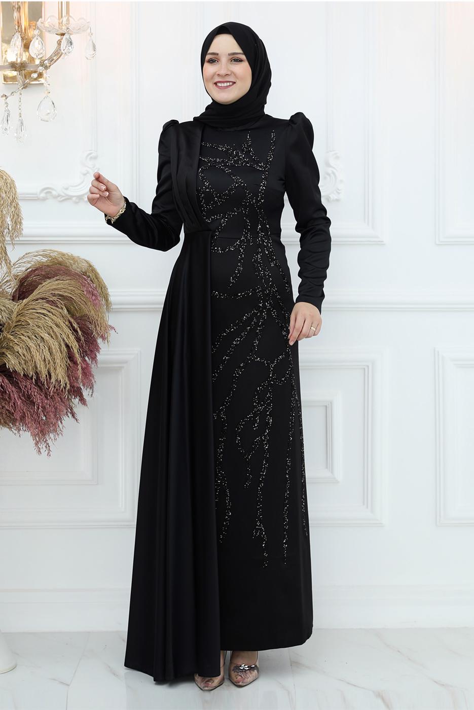 Tesettür giyim SİYAH İŞLEME DETAYLI ABİYE ELBİSE T 3653