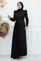 Tesettür giyim SİYAH İŞLEME DETAYLI ABİYE ELBİSE T 3653