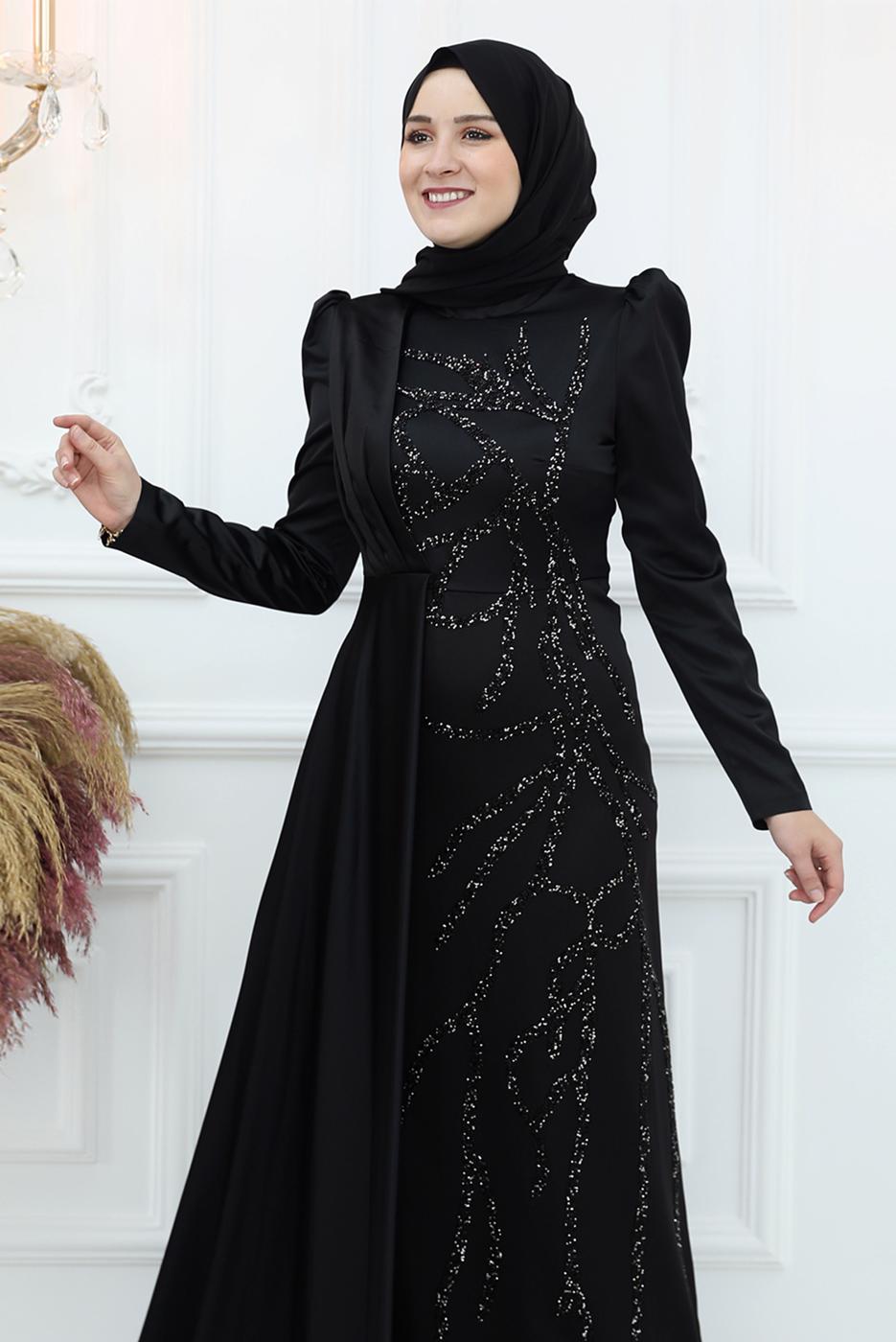 Tesettür giyim SİYAH İŞLEME DETAYLI ABİYE ELBİSE T 3653