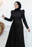 Tesettür giyim SİYAH İŞLEME DETAYLI ABİYE ELBİSE T 3653