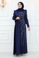 Tesettür giyim LACİVERT İŞLEME DETAYLI ABİYE ELBİSE T 3653