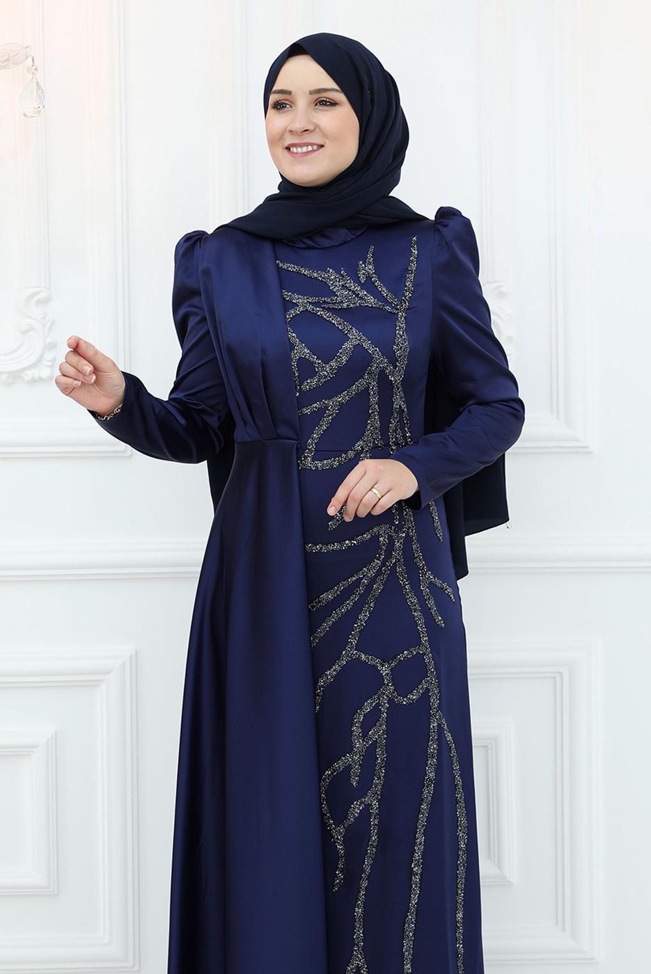 Tesettür giyim LACİVERT İŞLEME DETAYLI ABİYE ELBİSE T 3653