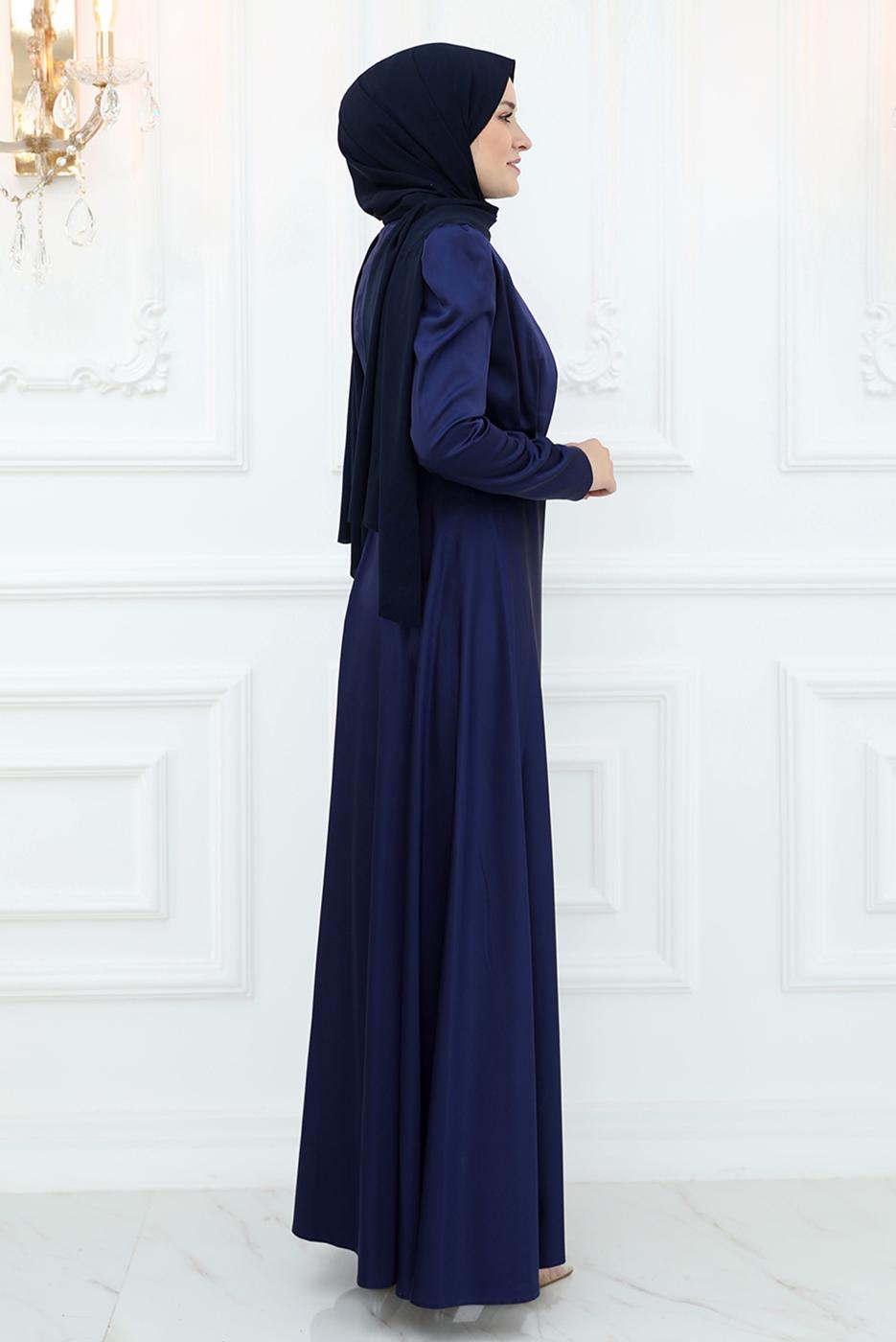 Tesettür giyim LACİVERT İŞLEME DETAYLI ABİYE ELBİSE T 3653