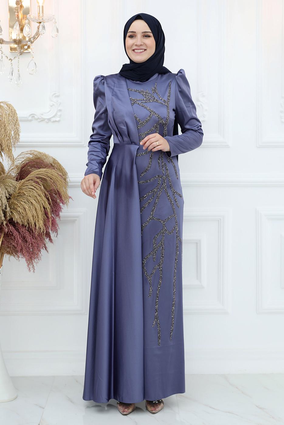 Tesettür giyim LACİVERT İŞLEME DETAYLI ABİYE ELBİSE T 3653