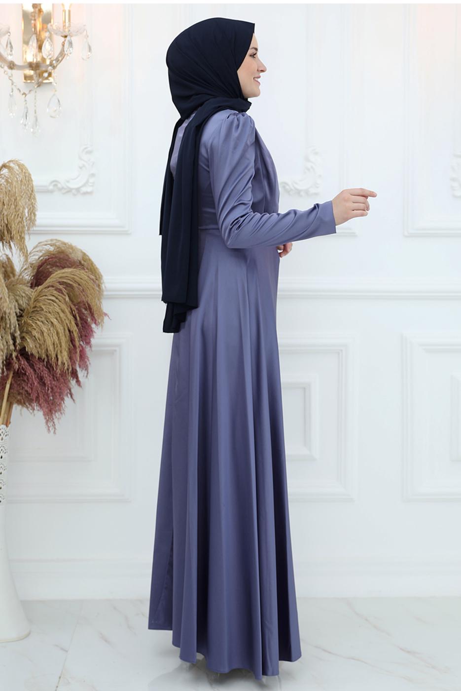 Tesettür giyim LACİVERT İŞLEME DETAYLI ABİYE ELBİSE T 3653