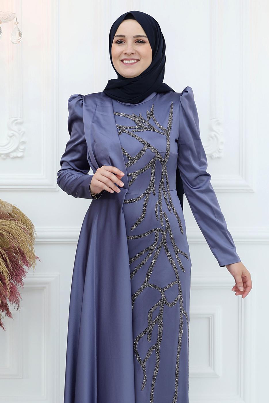 Tesettür giyim LACİVERT İŞLEME DETAYLI ABİYE ELBİSE T 3653