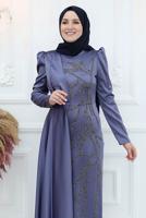 Tesettür giyim LACİVERT İŞLEME DETAYLI ABİYE ELBİSE T 3653