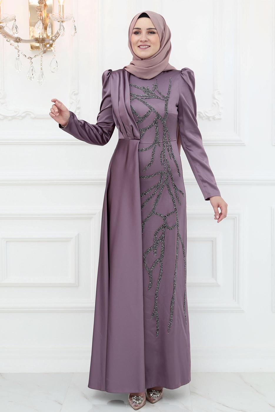 Tesettür giyim PEMBE İŞLEME DETAYLI ABİYE ELBİSE T 3653