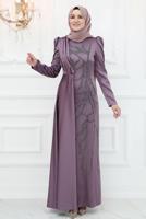 Tesettür giyim PEMBE İŞLEME DETAYLI ABİYE ELBİSE T 3653