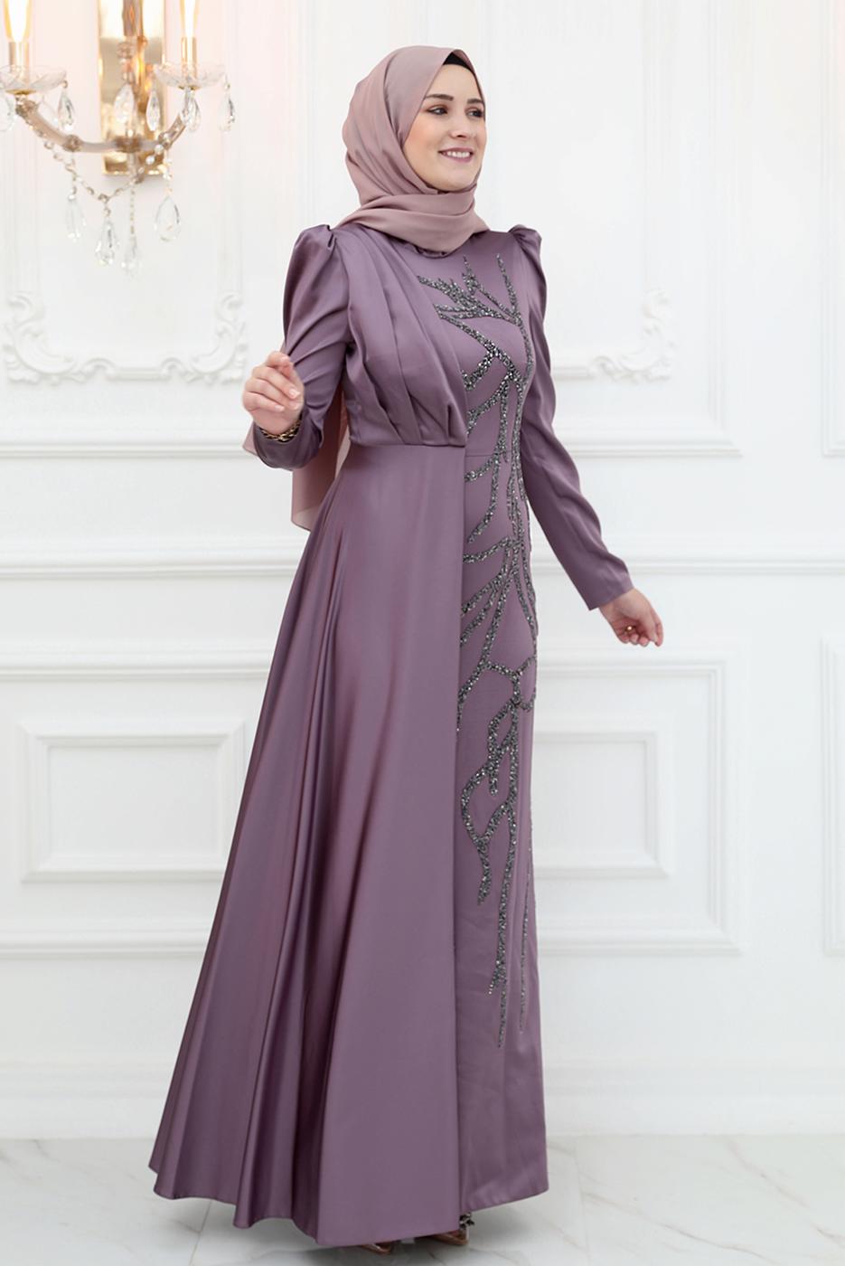Tesettür giyim PEMBE İŞLEME DETAYLI ABİYE ELBİSE T 3653
