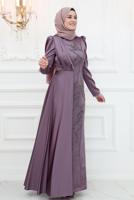 Tesettür giyim PEMBE İŞLEME DETAYLI ABİYE ELBİSE T 3653