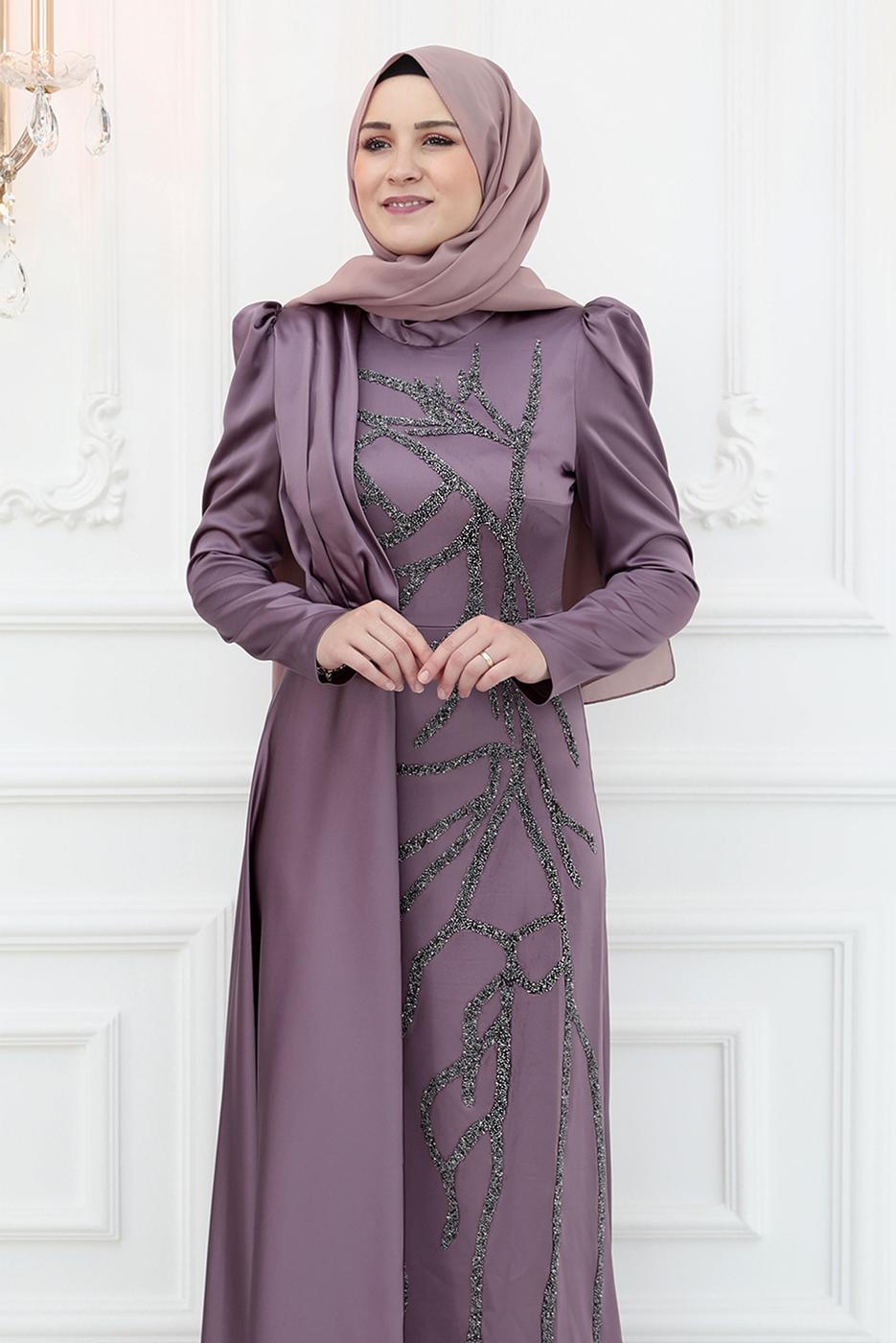 Tesettür giyim PEMBE İŞLEME DETAYLI ABİYE ELBİSE T 3653