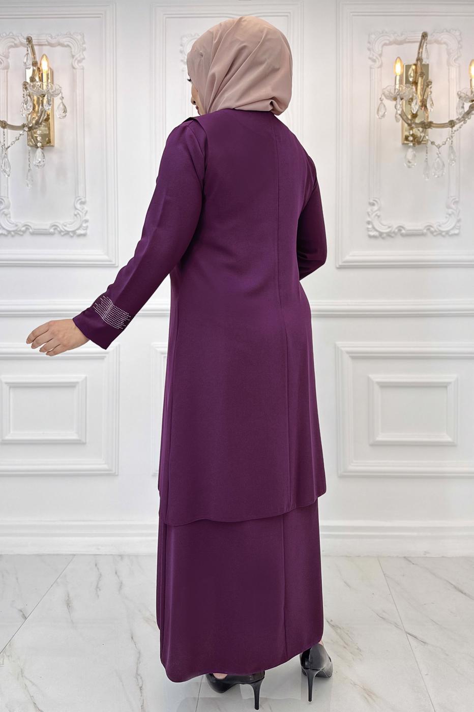 Hijab clothing PLUM EVENING DRESS WITH GEM T 3721