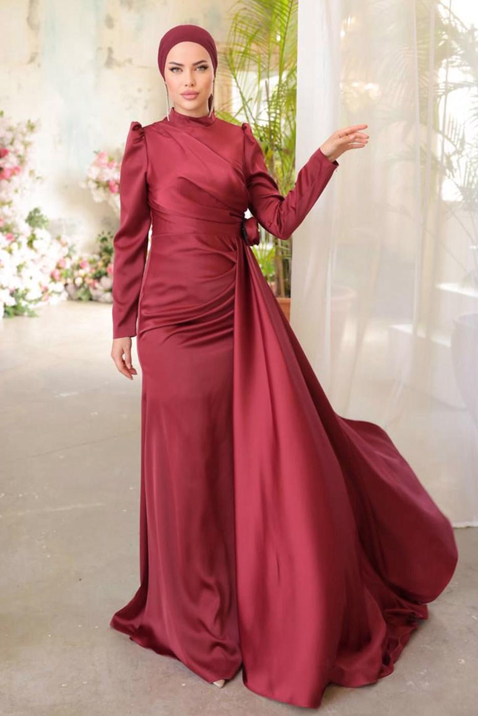 Vêtements hijab ROUGE BORDEAUX ROBE DE SOIRÉE EN SATIN T 3754