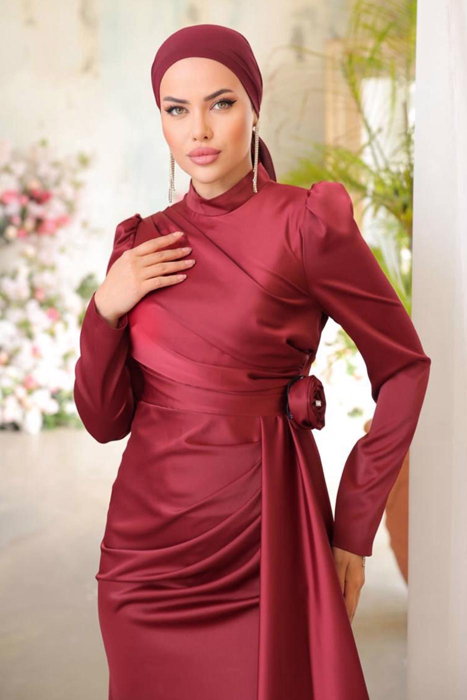 Vêtements hijab ROUGE BORDEAUX ROBE DE SOIRÉE EN SATIN T 3754