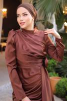 Tesettür giyim KAHVE SATEN ABİYE ELBİSE T 3754