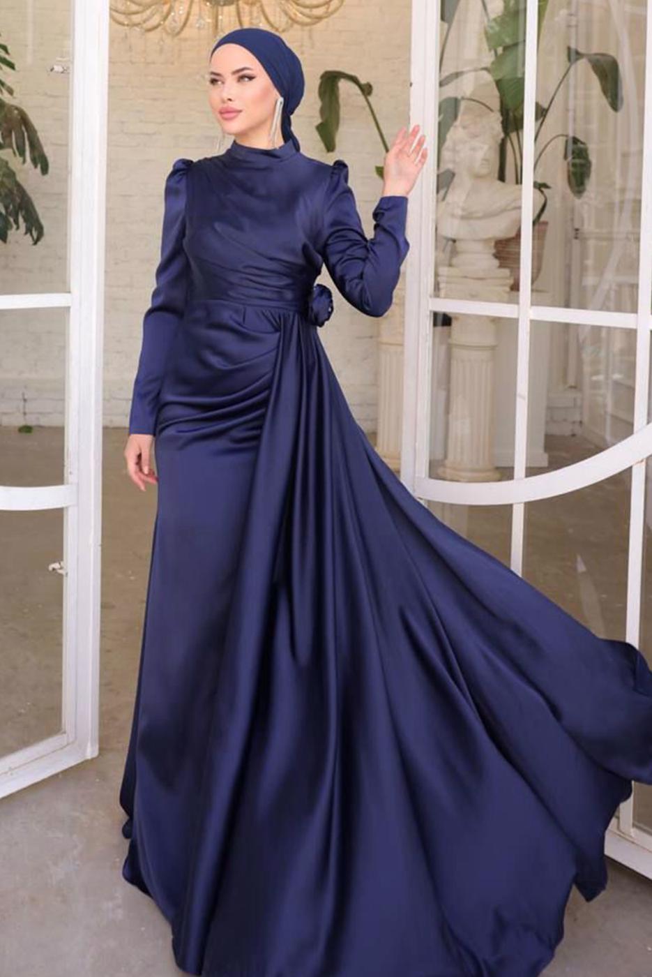 Tesettür giyim LACİVERT SATEN ABİYE ELBİSE T 3754