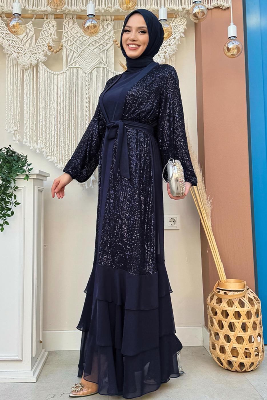 Tesettür giyim LACİVERT PUL PAYETLİ ABİYE ELBİSE TAKIM T 3848