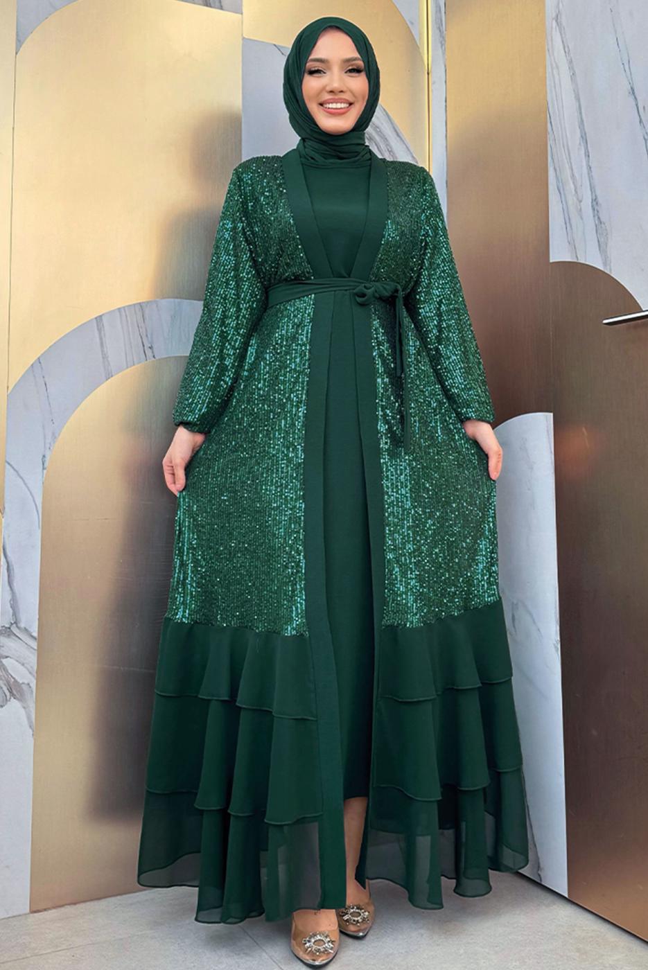 Tesettür giyim YEŞİL PUL PAYETLİ ABİYE ELBİSE TAKIM T 3848