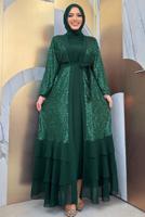 Tesettür giyim YEŞİL PUL PAYETLİ ABİYE ELBİSE TAKIM T 3848